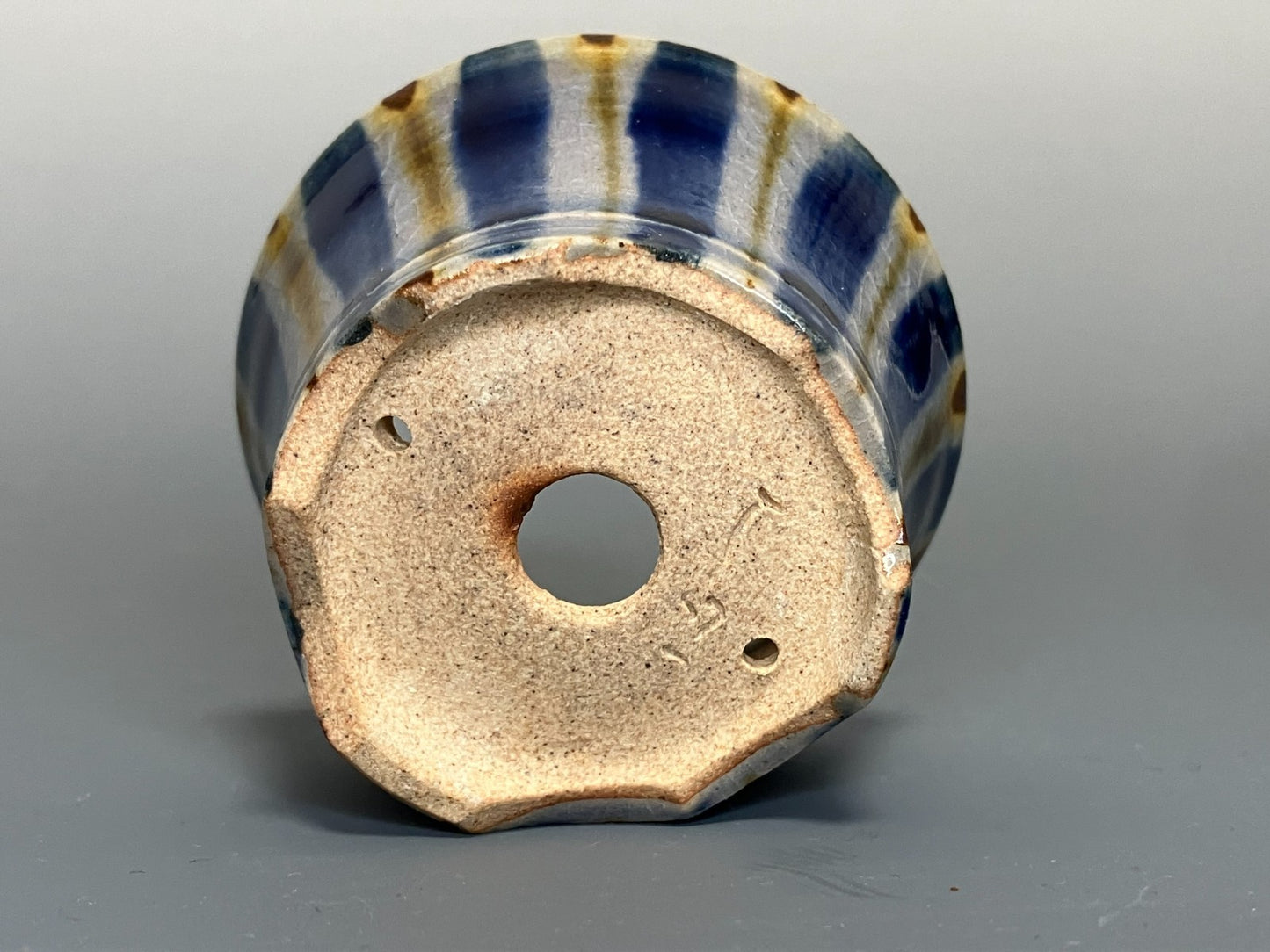 Japanese Bonsai pot MASAKO KUNII signed Glazed Blue stripe MAME Rd φ2.4" /430