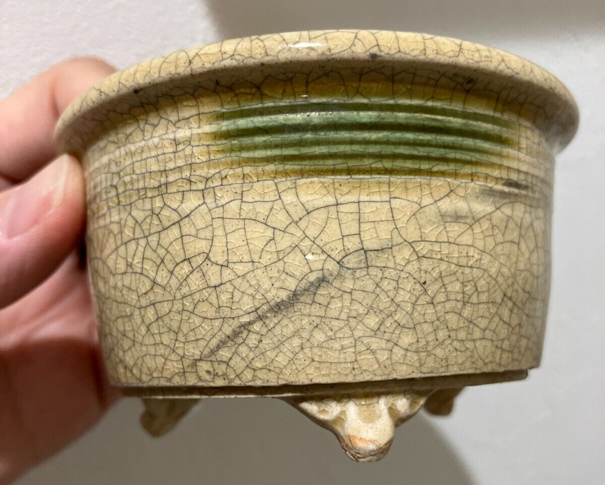 Japanese bonsai pot YOZAN sign SETO crackle Glazed cream cloud foot φ3.5" /291