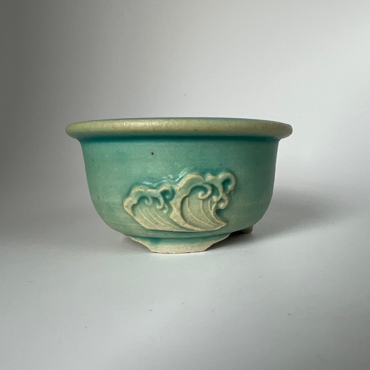 Japanese Bonsai pot TATSUYA KATO signed Green glaze Wave motif MAME w2.4" /414