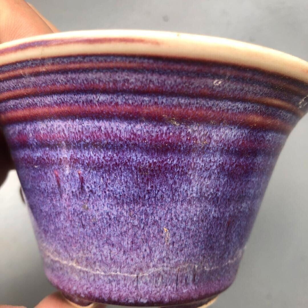 Japanese bonsai pot JUETSU signed purple glazed SESSOKU foot used φ4.3" /270