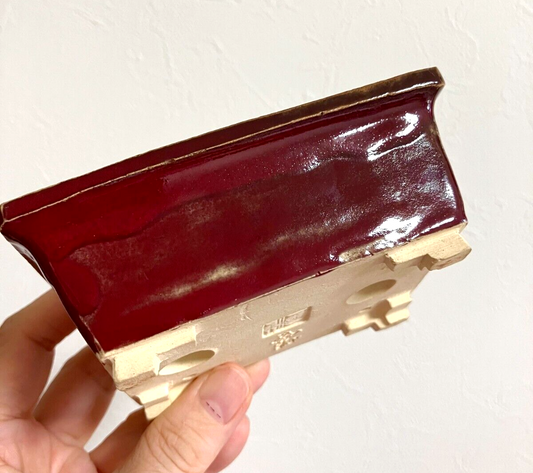 Japanese bonsai pot FUKUDA KEIUN signed Chicken blood glaze rectangle w4.3" /308