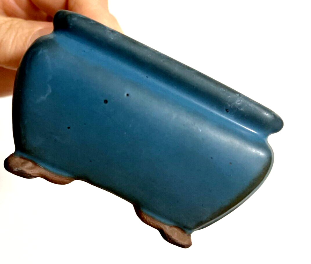 Japanese bonsai pot TOSUI signed blue glazed Jar shaped cloud foot w2.8" /19