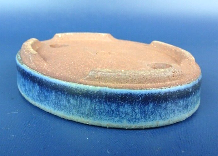 Japanese TOKONAME bonsai pot YOZAN signed Navy glazed Oval NAMAKO w3.5" /405