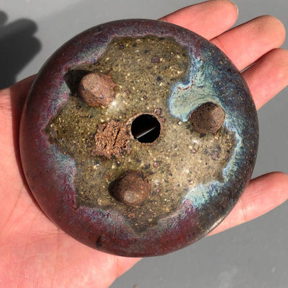 Japanese bonsai pot YOHEN Cinnabar glazed 3 legs Blue Purple Round φ3.5" /422