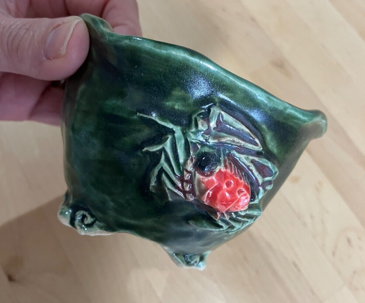 Japanese bonsai pot MASASHI FURUMOTO signed Green glazed Crab relief w3.8" 342