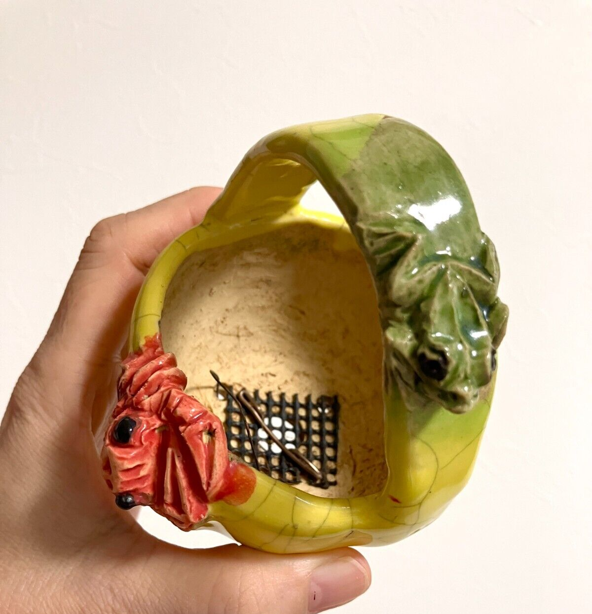 Japanese bonsai pot MASASHI FURUMOTO signed frog & crab relief basket φ3.3" /312