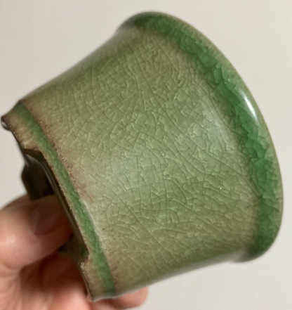 Japanese bonsai pot SHOSEKI 1st gen. signed green crackle glazed round w3.7" /10