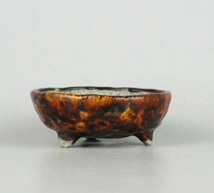 Japanese Bonsai pot ECHIZEN BUNZAN signed Brown glazed Round φ4.3" /438 11
