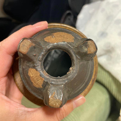 Japanese bonsai pot HOSEI TANI sign Relief pattern Outer edge Round φ3.9" /384 6