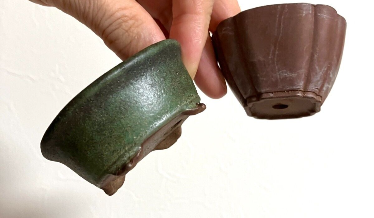 Japanese old bonsai pot TOSUI signed Set of 2 Cloud foot Green Brown w2.4" /310