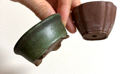 Japanese old bonsai pot TOSUI signed Set of 2 Cloud foot Green Brown w2.4" /310