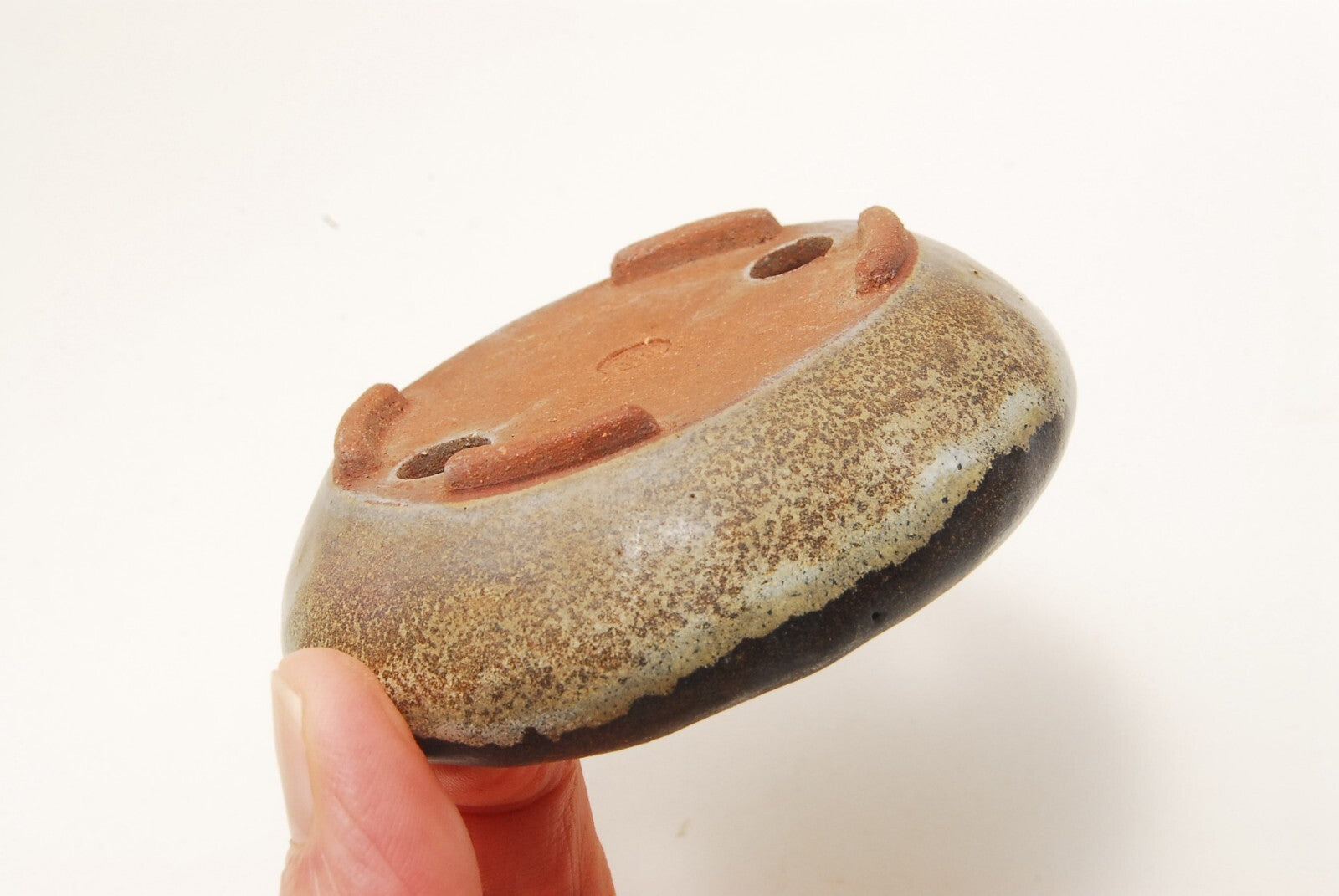 Japanese bonsai pot FUKU signed Brown glazed Oval shallow SESSOKU φ3.1" /333