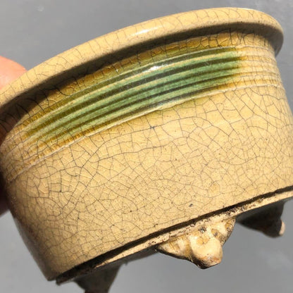 Japanese bonsai pot YOZAN sign SETO crackle Glazed cream cloud foot φ3.5" /291