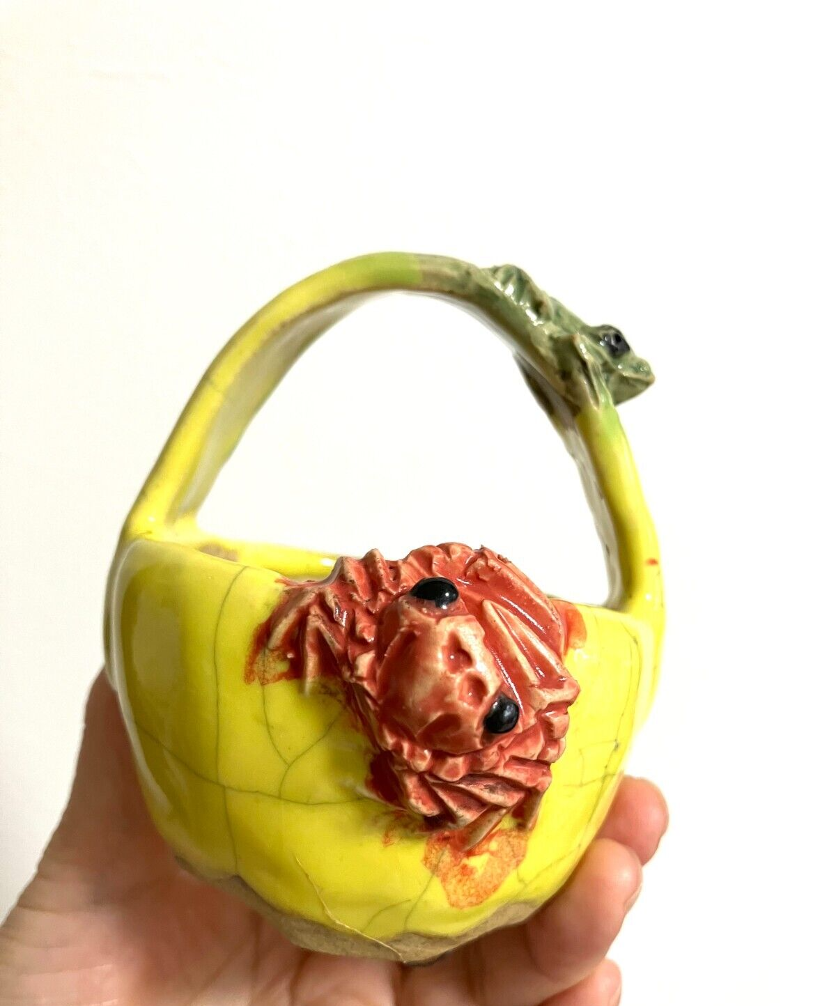 Japanese bonsai pot MASASHI FURUMOTO signed frog & crab relief basket φ3.3" /312