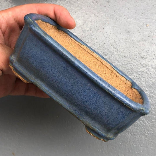 Japanese TOKONAME Bonsai pot HATTORI sign Blue glaze Outer edge Rctgl w4.8" /425