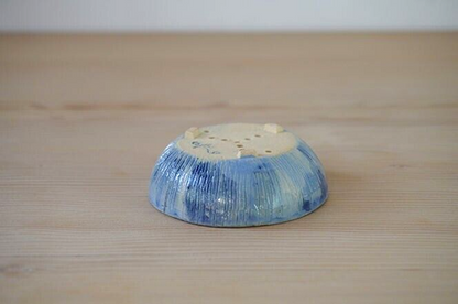 Japanese bonsai pot AKIMUNE signed MAME glazed Blue rain three legs φ2.7" /318