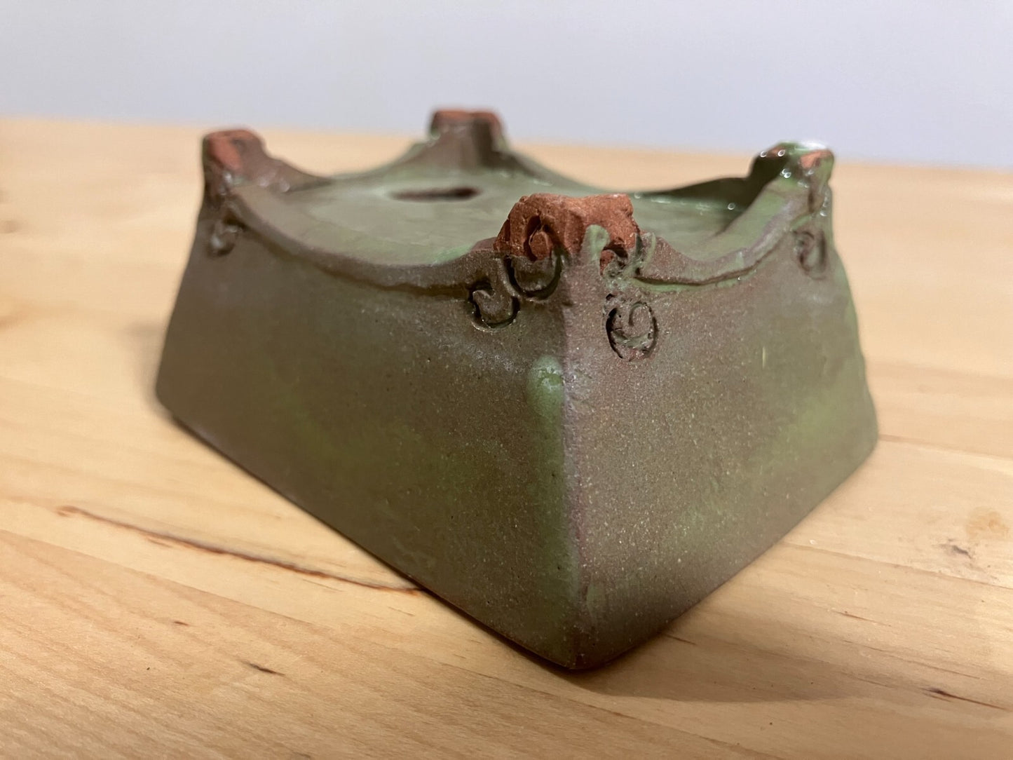 Japanese bonsai pot Artist signed green glazed rctgl Unique cloud f/ w3.3in n27