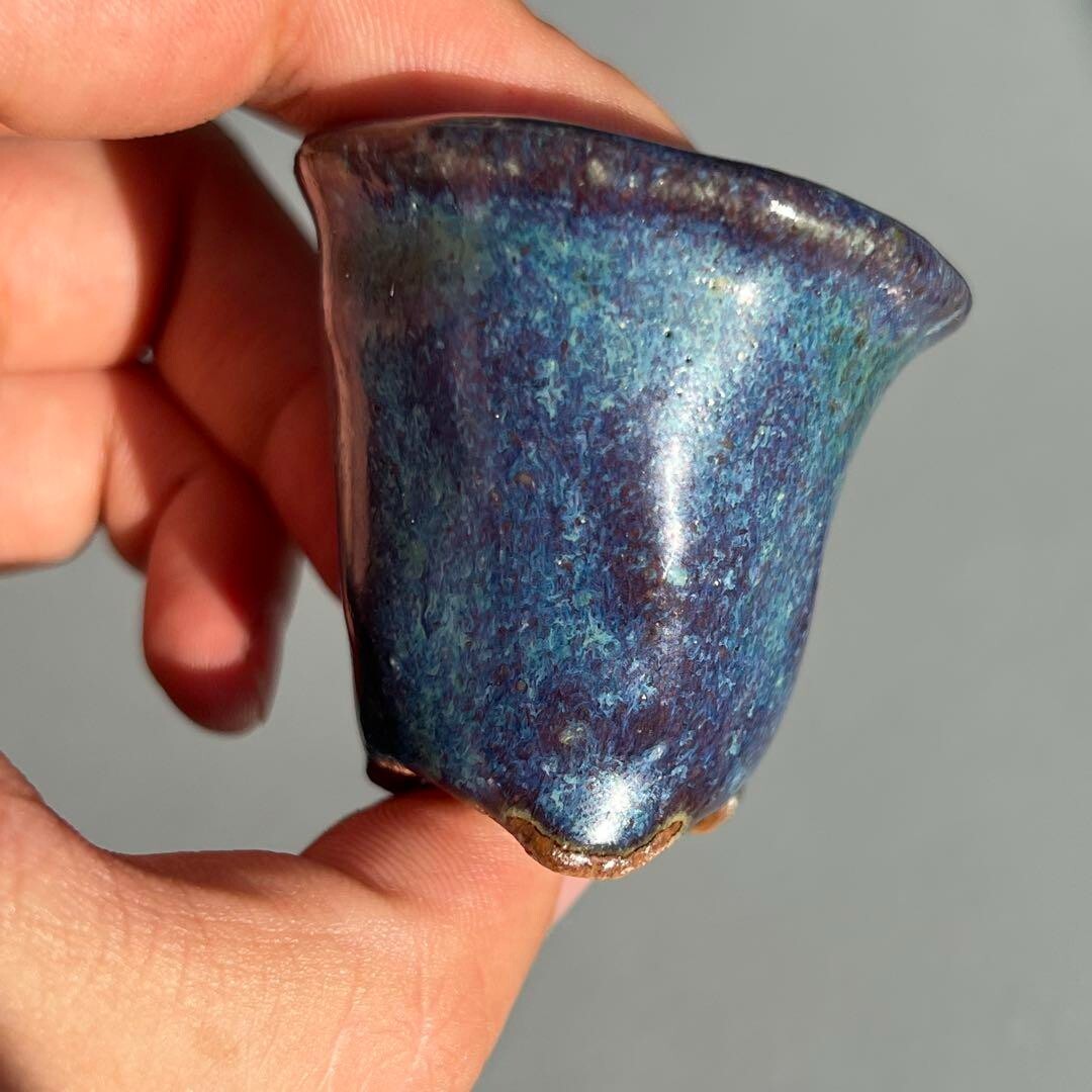 Japanese Bonsai pot AKINAO signed Peacock glazed MAME Cascade h1.8" /394