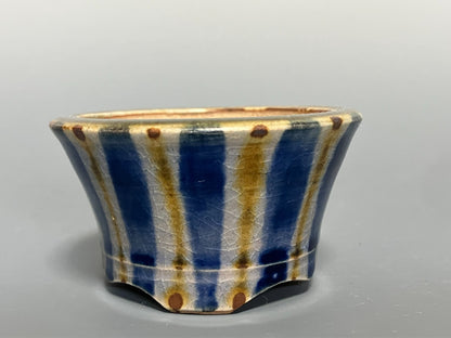 Japanese Bonsai pot MASAKO KUNII signed Glazed Blue stripe MAME Rd φ2.4" /430