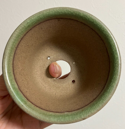 Japanese bonsai pot SHOSEKI 1st gen. signed green crackle glazed round w3.7" /10
