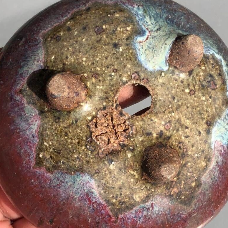 Japanese bonsai pot YOHEN Cinnabar glazed 3 legs Blue Purple Round φ3.5" /422