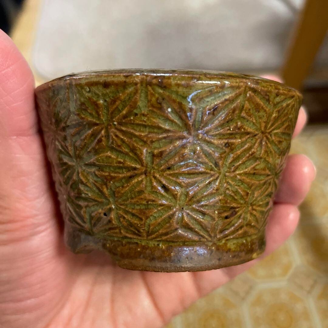 Japanese Bonsai pot SARAKU signed Relief pattern Round Brown SESSOKU φ3.2" /386