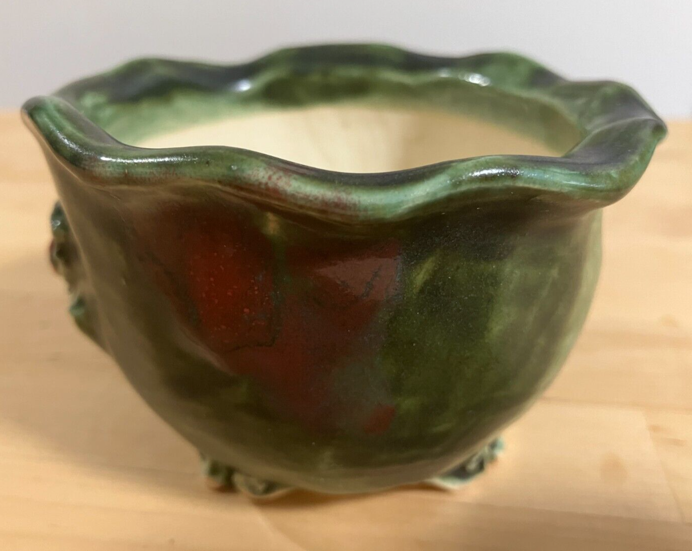 Japanese bonsai pot MASASHI FURUMOTO signed Green glazed Crab relief w3.8" 342