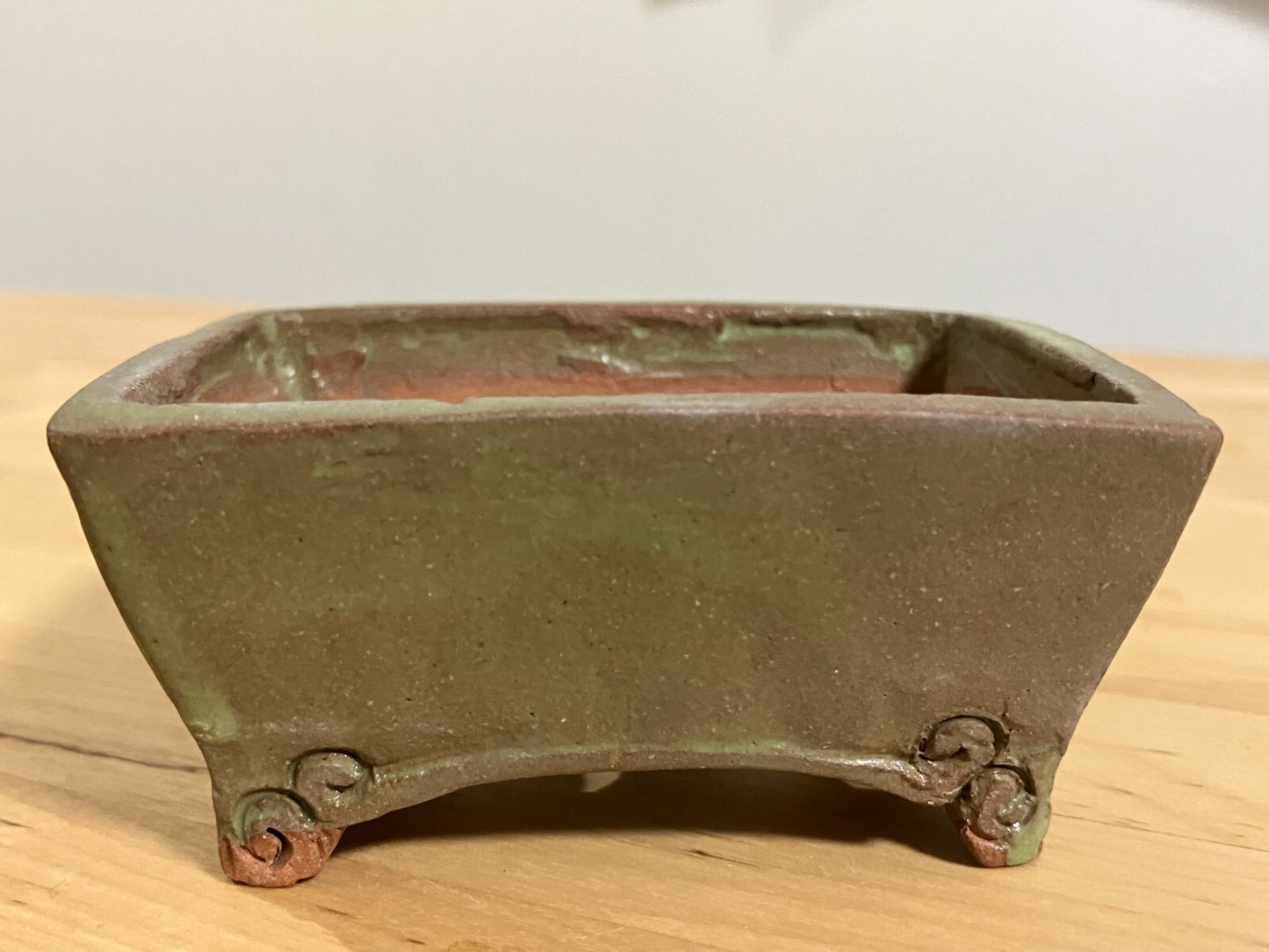 Japanese bonsai pot Artist signed green glazed rctgl Unique cloud f/ w3.3in n27