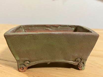 Japanese bonsai pot Artist signed green glazed rctgl Unique cloud f/ w3.3in n27
