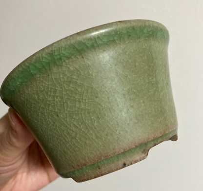 Japanese bonsai pot SHOSEKI 1st gen. signed green crackle glazed round w3.7" /10