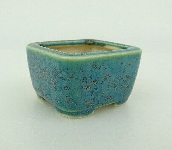 Japanese Bonsai pot SEIKO signed Green glazed MAME SESSOKU Square w1.7" /407