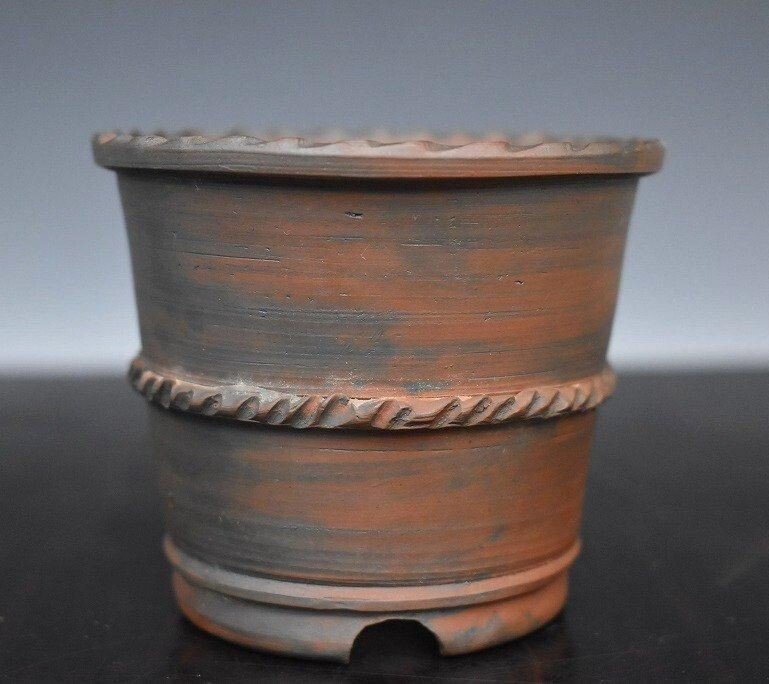 Japanese TOKONAME Bonsai pot DEIJU signed DEIMONO Mid rope Rim Round φ3.3" /410