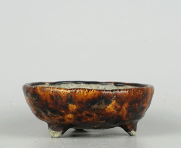 Japanese Bonsai pot ECHIZEN BUNZAN signed Brown glazed Round φ4.3" /438 11