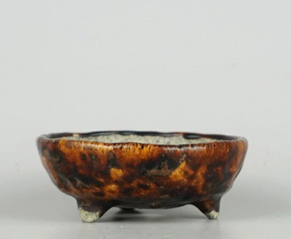 Japanese Bonsai pot ECHIZEN BUNZAN signed Brown glazed Round φ4.3" /438 11
