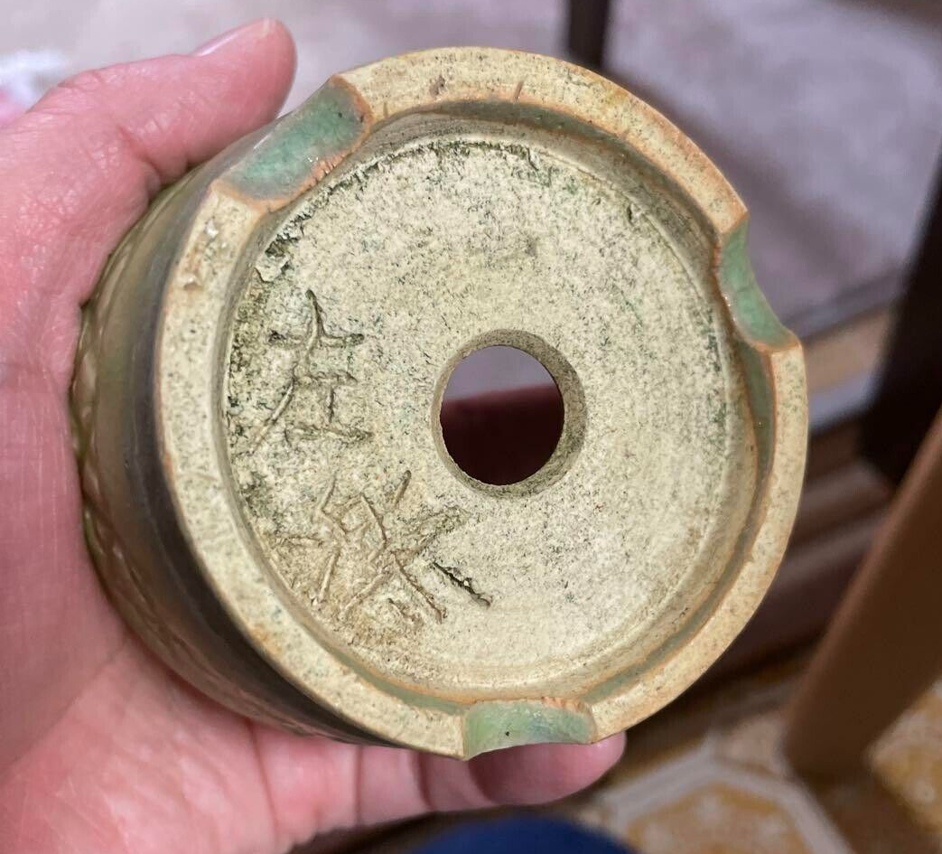 Japanese Bonsai pot SARAKU signed Green glazed Relief pattern Round φ3.2" /387