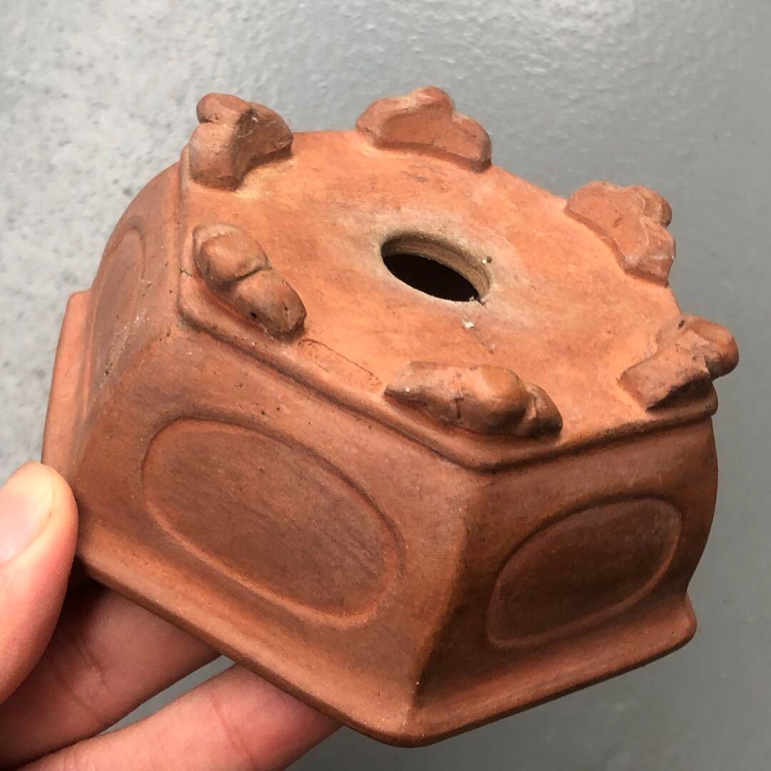 Japanese bonsai pot MASAMINE 正峯 signed SHUDEI Red clay Hexagon Cloud w3.9" /413