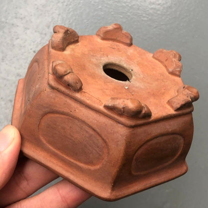 Japanese bonsai pot MASAMINE 正峯 signed SHUDEI Red clay Hexagon Cloud w3.9" /413