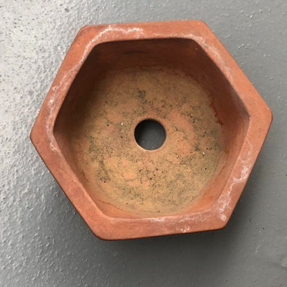 Japanese bonsai pot MASAMINE 正峯 signed SHUDEI Red clay Hexagon Cloud w3.9" /413