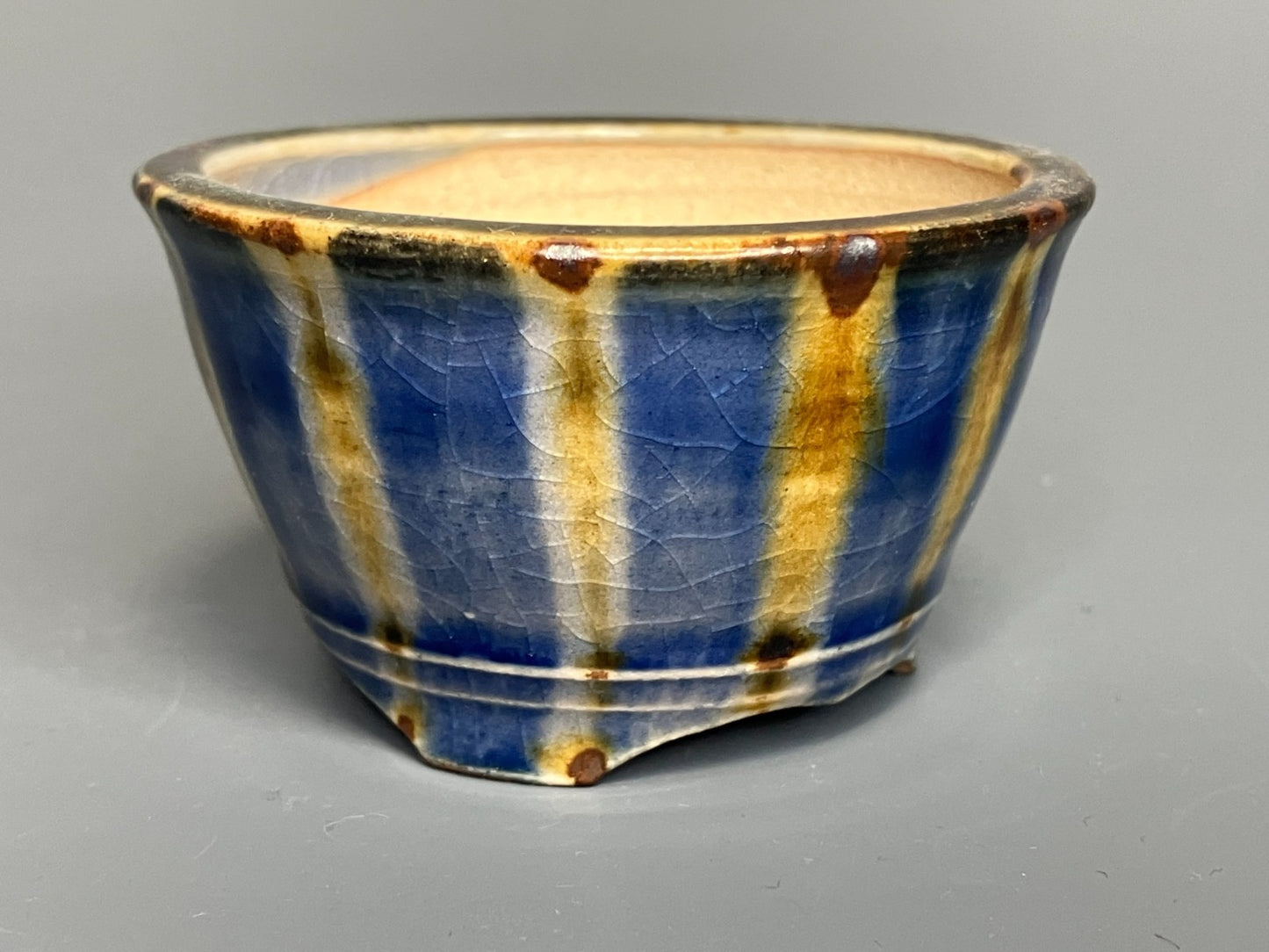 Japanese Bonsai pot MASAKO KUNII signed Glazed Blue stripe MAME Rd φ2.6" /429