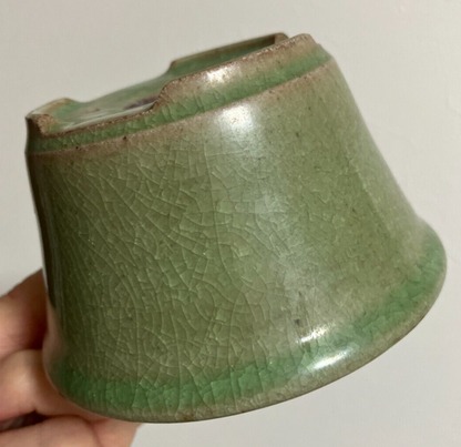 Japanese bonsai pot SHOSEKI 1st gen. signed green crackle glazed round w3.7" /10