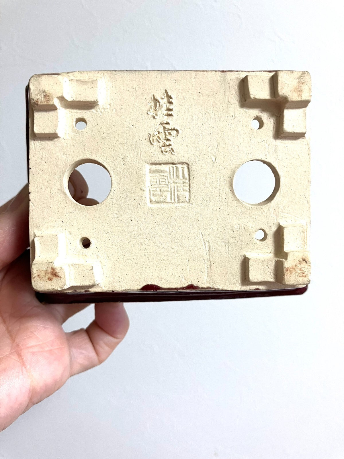 Japanese bonsai pot FUKUDA KEIUN signed Chicken blood glaze rectangle w4.3" /308