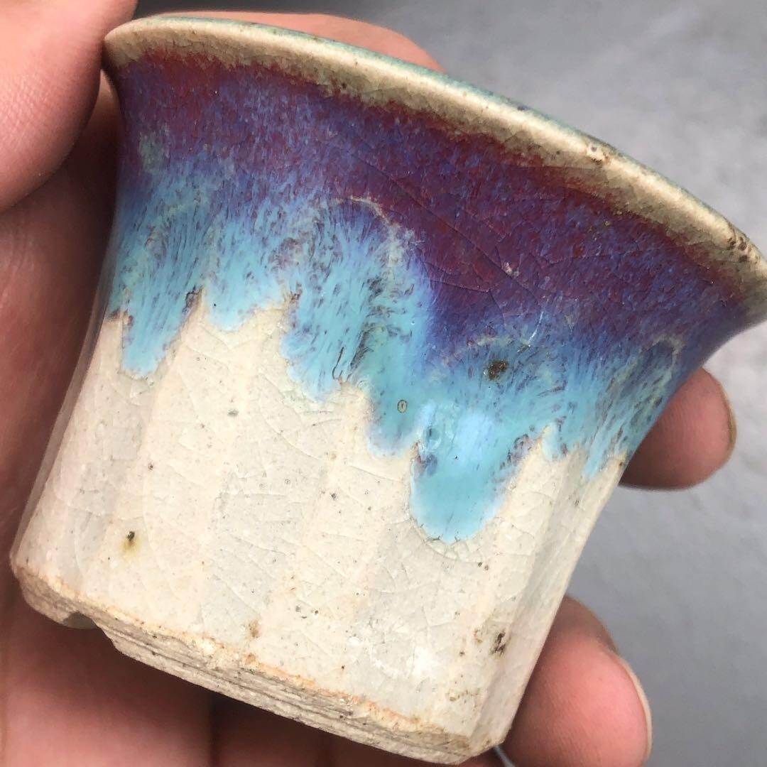 Japanese bonsai pot KO KAORU sign MAME Cinnabar glazed YOHEN Purple φ2.6" #277