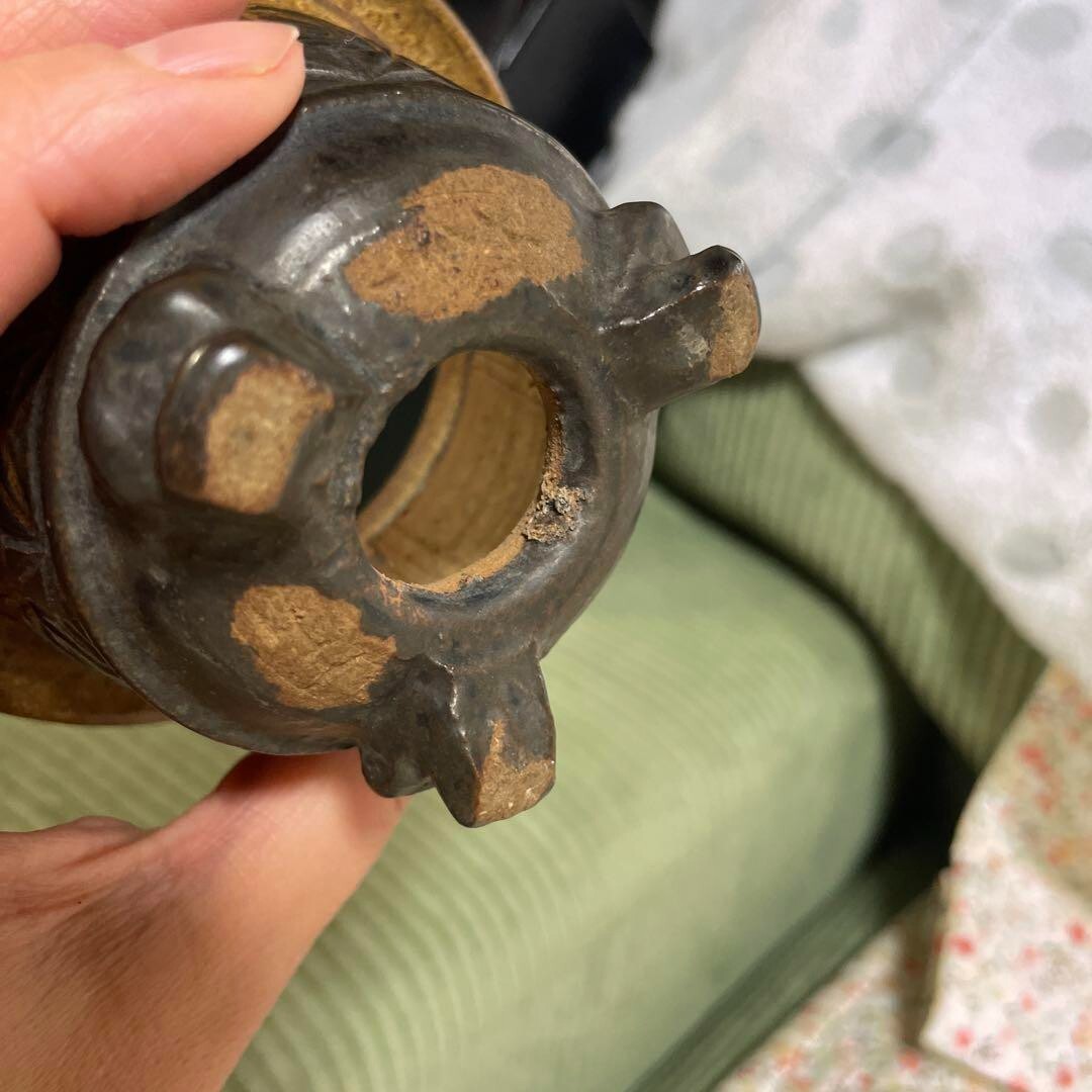 Japanese bonsai pot HOSEI TANI sign Relief pattern Outer edge Round φ3.9" /384 6