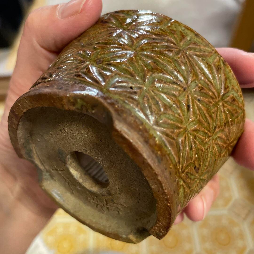 Japanese Bonsai pot SARAKU signed Relief pattern Round Brown SESSOKU φ3.2" /386