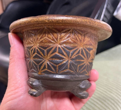 Japanese bonsai pot HOSEI TANI sign Relief pattern Outer edge Round φ3.9" /384 6