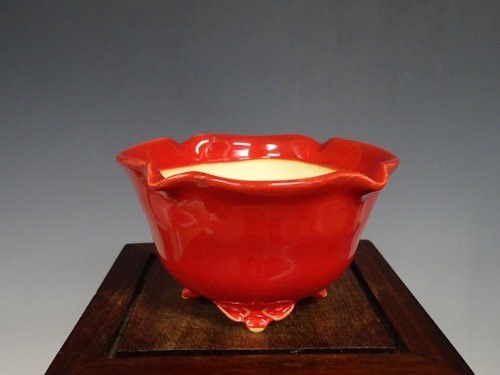 Japanese Bonsai pot FUKA signed Coral glazed RINKA Round Red φ3.7" /424