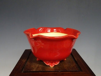 Japanese Bonsai pot FUKA signed Coral glazed RINKA Round Red φ3.7" /424