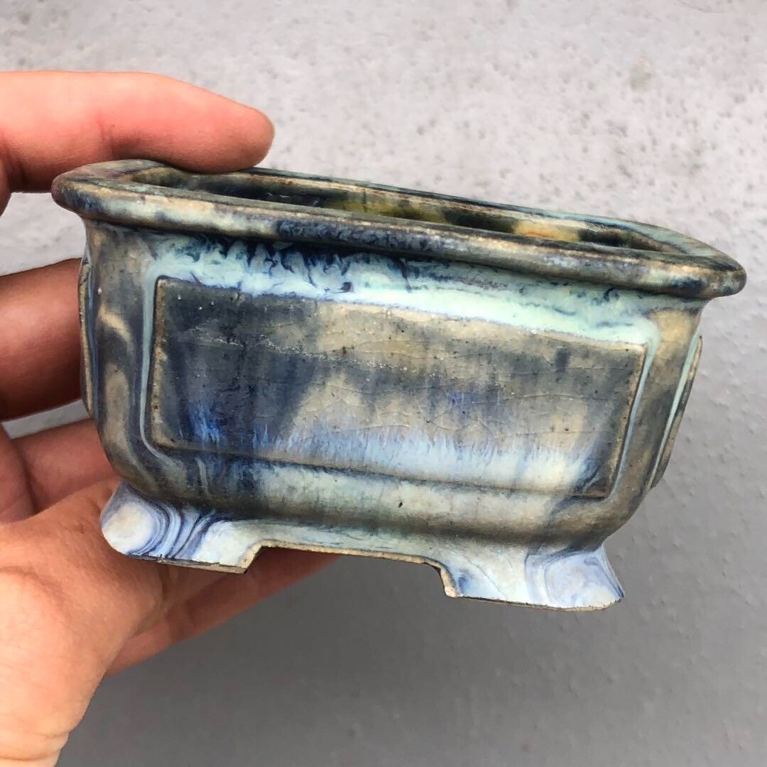 Japanese bonsai pot KEISHIN DOSHITA signed rectangle Marble glazed w3.3" /382