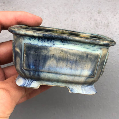 Japanese bonsai pot KEISHIN DOSHITA signed rectangle Marble glazed w3.3" /382