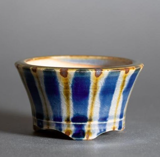 Japanese Bonsai pot MASAKO KUNII signed Glazed Blue stripe MAME Rd φ2.4" /430